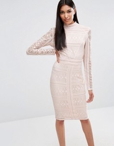 Кружевное платье миди с высоким воротом и длинными рукавами Missguided - Бежевый