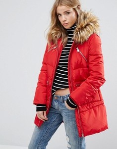 Дутая куртка с искусственным мехом на капюшоне New Look - Красный