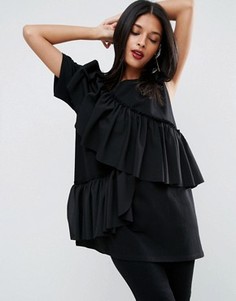 Футболка с одним рукавом и ткаными оборками ASOS - Черный