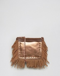 Urbancode Real Leather Festival Fringed Cross Body Bag with Silver Emobossed Croc - Медный