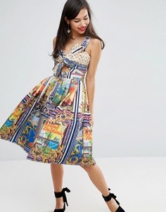 Приталенное платье с принтом, бантом и вырезом ASOS - Мульти