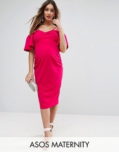 Платье миди из крепа с рукавами клеш ASOS Maternity - Розовый