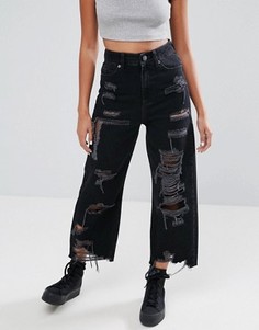 Широкие рваные джинсы черного цвета с сетчатыми вставками ASOS - Черный