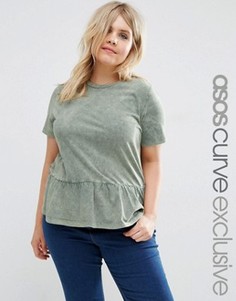 Футболка цвета хаки с рюшами по низу ASOS CURVE - Зеленый