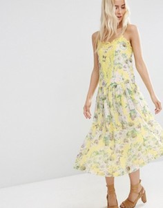 Платье миди с кружевной вставкой и цветочным принтом ASOS Premium - Желтый
