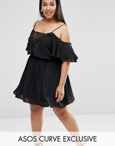 Короткое приталенное платье с рукавами-бабочкой и кружевной вставкой ASOS CURVE - Черный