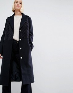 Пальто из смесовой шерсти со стегаными бархатными вставками ASOS - Темно-синий