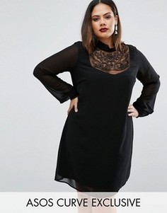 Цельнокройное платье с длинными рукавами и отделкой ASOS CURVE - Черный