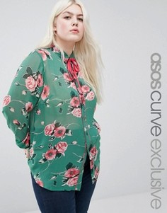 Блузка с ярким цветочным принтом и завязкой на горловине ASOS CURVE - Зеленый