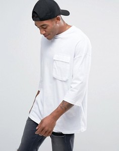 Удлиненная футболка с рукавами 3/4 и ткаными рукавами ASOS - Белый