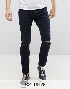 Темно-выбеленные укороченные узкие джинсы с порванным низом Mennace - Синий