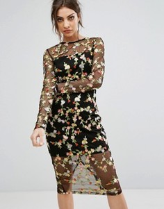 Сетчатое платье миди с вышивкой PrettyLittleThing - Черный