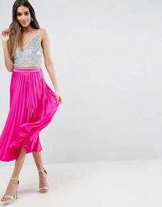 Атласная плиссированная юбка миди с разрезом ASOS - Розовый