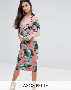 Платье-футляр средней длины с тропическим принтом, открытыми плечами и завязкой на шее ASOS PETITE - Мульти