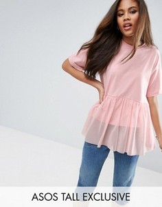 Свободная футболка со вставкой из тюля ASOS TALL - Розовый