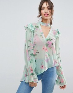 Блузка мятого цвета с цветочным принтом и вырезом ASOS - Мульти