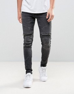 Черные байкерские джинсы скинни с потертостями New Look - Черный