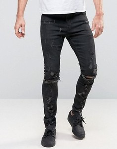 Черные супероблегающие джинсы с рваными коленями и молниями ASOS - Черный