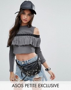 Топ с открытыми плечами, люверсами и оборкой ASOS PETITE - Серый