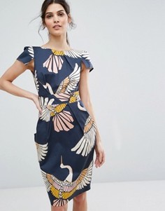 Платье миди с короткими рукавами и принтом птиц Closet London - Мульти