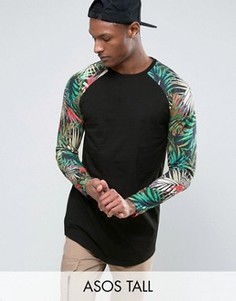 Супердлинный лонгслив с цветочным принтом на рукавах реглан ASOS TALL - Черный