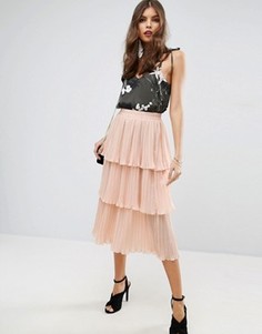 Многоярусная плиссированная юбка миди ASOS - Розовый
