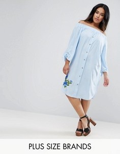 Платье с открытыми плечами и вышивкой Boohoo Plus - Синий