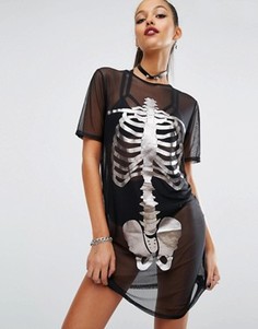 Сетчатое платье-футболка со скелетом Missguided Halloween - Черный