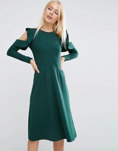 Приталенное платье миди с вырезами на плечах и рюшами на рукавах ASOS - Зеленый