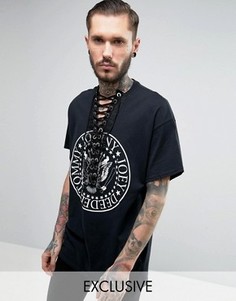 Oversize-футболка с принтом и шнуровкой спереди Reclaimed Vintage Ramones - Черный