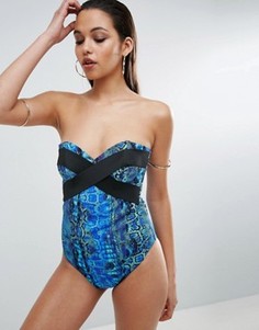 Синий слитный купальник со змеиным принтом и эластичными ремешками ASOS - Мульти