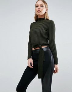 Укороченный джемпер в рубчик с высоким воротом и поясом ASOS - Зеленый