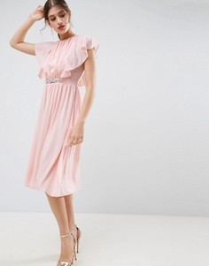 Платье миди с рукавами-оборками и отделкой на талии ASOS - Бежевый