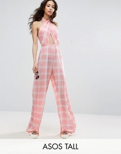 Клетчатый комбинезон с перекрестной деталью и широкими штанинами ASOS TALL - Мульти