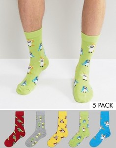 Набор из 5 пар носков с принтом мопсов в костюмах ASOS - Мульти