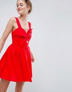 Короткое приталенное платье из льна с вырезом и бантом ASOS - Красный