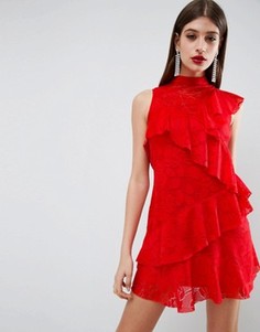 Платье мини с кружевом и оборками ASOS - Красный
