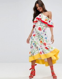 Платье миди с открытыми плечами и цветочным принтом ASOS - Мульти