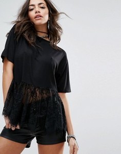Oversize-футболка с кружевной вставкой по низу PrettyLittleThing - Черный