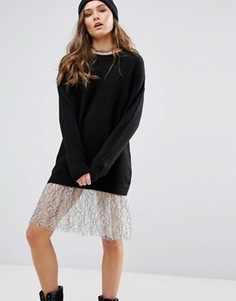 Длинное платье-джемпер с кружевной отделкой New Look - Черный