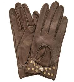 Коричневый кожаные перчатки с отделкой камнями Eleganzza
