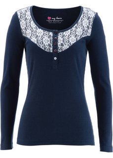 Футболка с длинными рукавами и кружевом (темно-синий) Bonprix