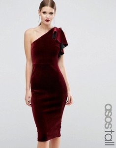 Бархатное платье миди на одно плечо с оборками ASOS TALL PREMIUM - Черный