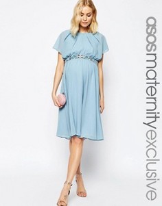 Платье миди с отделкой на талии и рукавом-бабочкой для беременных ASOS Maternity - Синий