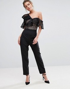 Асимметричный комбинезон с кружевом и оборками Dark Pink - Черный