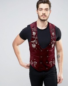 Бордовый бархатный жилет скинни с вышивкой ASOS - Красный