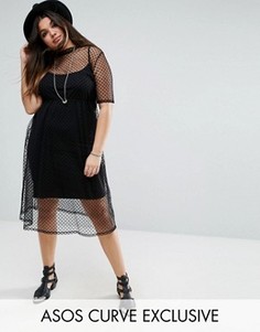 Свободное платье миди из сетчатой ткани добби ASOS CURVE - Черный