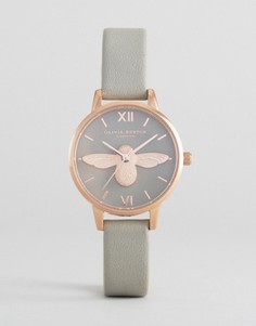 Розово-золотистые часы с серым кожаным ремешком и пчелой Olivia Burton - Серый