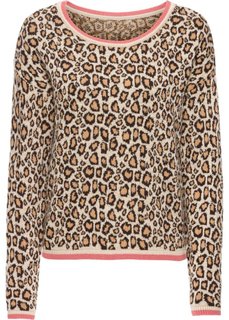 Вязаный пуловер в леопардовом стиле (коричневый леопардовый/бежевый/ярко-розовый) Bonprix