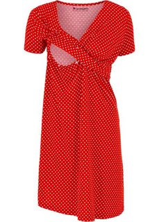 Мода для беременных и кормящих мам: трикотажное платье-стретч с коротким рукавом (клубничный/белый в горошек) Bonprix